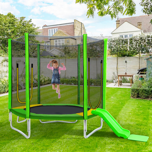 7FT Trampoline for Kids with Safety Enclosure Net, Slide and Ladder, Easy Assembly Round Outdoor Recreational Trampoline - DTYStore