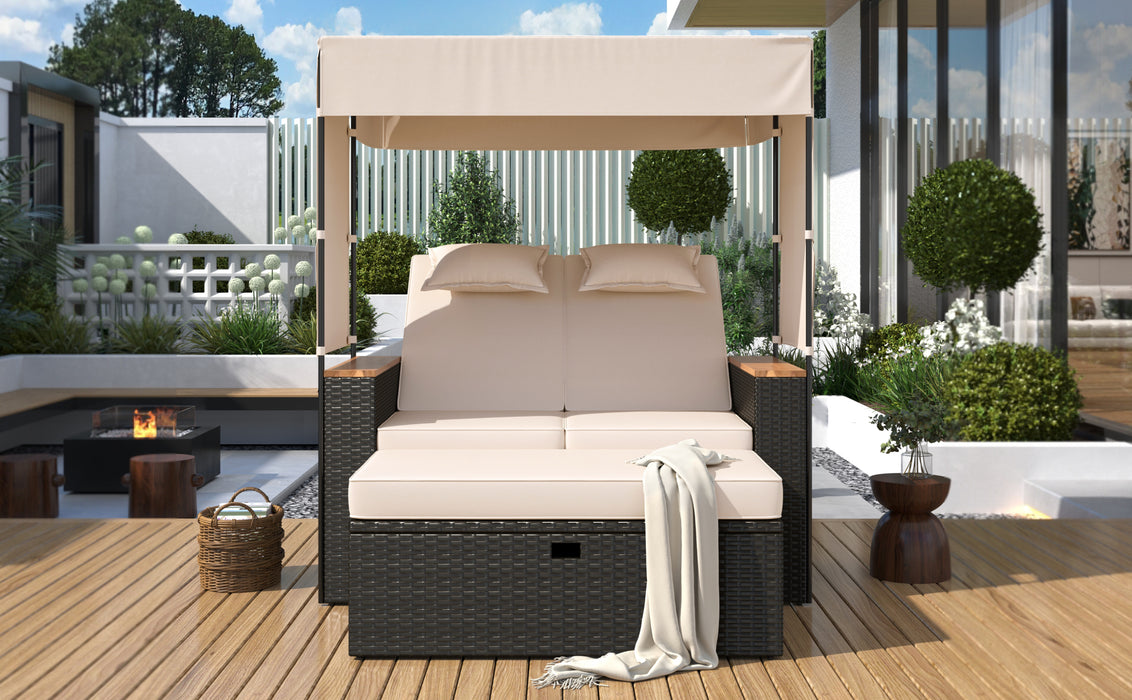 2-Piece Outdoor Rattan Daybed, Outdoor Bed with 5 Positions, Outdoor Loveseat Patio Sofa with Bench Lounge Roof Set and Cushions for Poolside, Backyard and Garden (Brown Wicker + Beige Fabric) - DTYStore