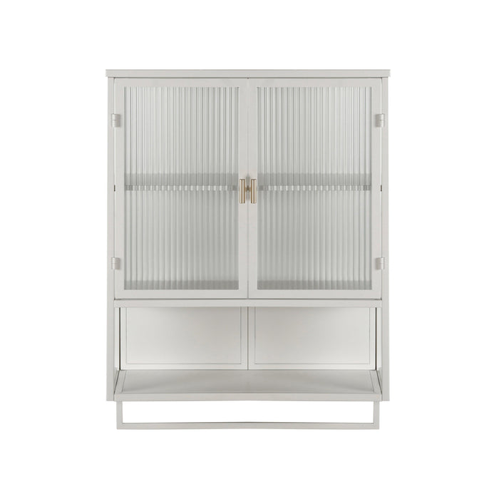 23.62"Glass Doors Modern Two-door Wall Cabinet with Featuring Two-tier Enclosed Storage, an Open Shelf, and Towel Rack, for Entryway Living Room Bathroom Dining Room