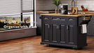 54inch Large Kitchen Island with Rubber Wood Drop Leaf, Embossed Texture Rolling Kitchen Cart on 4 Wheels with 4 Doors and 3 Drawers, Kitchen Island with Storage for Kitchen, Dining Room,Black - DTYStore