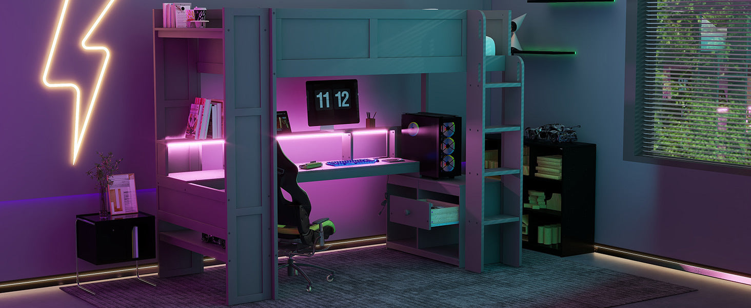 Wood Twin Size Gaming Loft Bed with Desk, Multi-storage Shelves, LED and Charging Station, Dark Gray - DTYStore