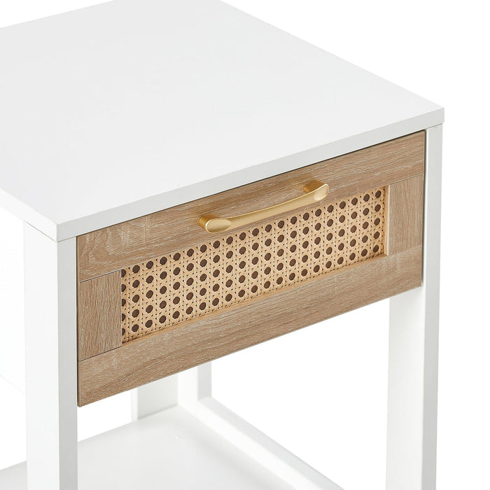 15.75" Rattan End table with drawer, Modern nightstand, side table for living room, bedroom,white - DTYStore