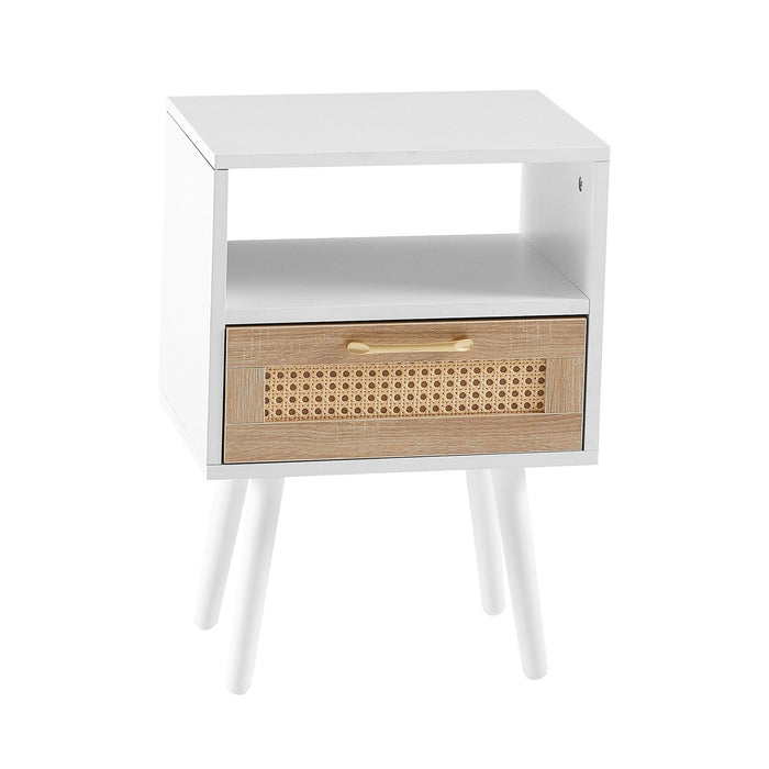 15.75" Rattan End table with drawer and solid wood legs, Modern nightstand, side table for living room, bedroom, white - DTYStore