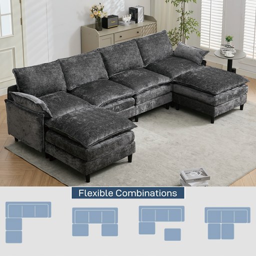 Modular Sofa,U Shaped Cloud Couch Comfy Set ,6-Seater, 2 Armrest Pillows,Convertible Sectional Couch, Living Room,Apartment, Chenille(2 Movable Ottoman), Dark Gray - DTYStore
