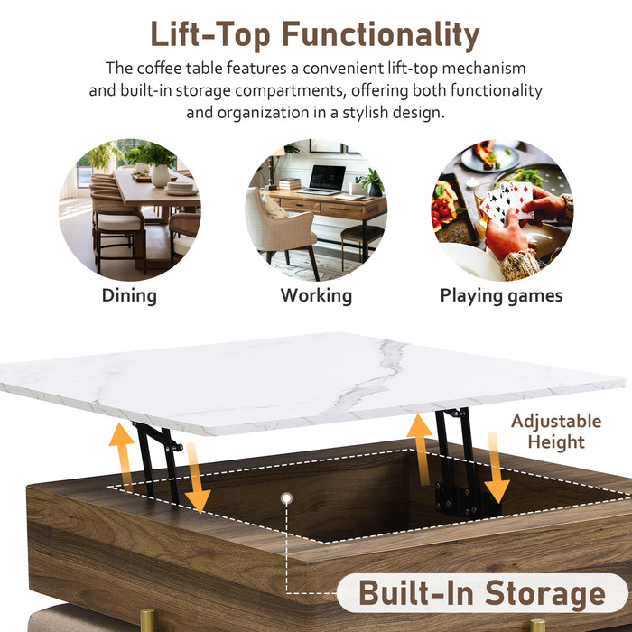 Modern Square Lift-Top Coffee Table Set with Storage & 4 Ottomans White & Walnut - DTYStore