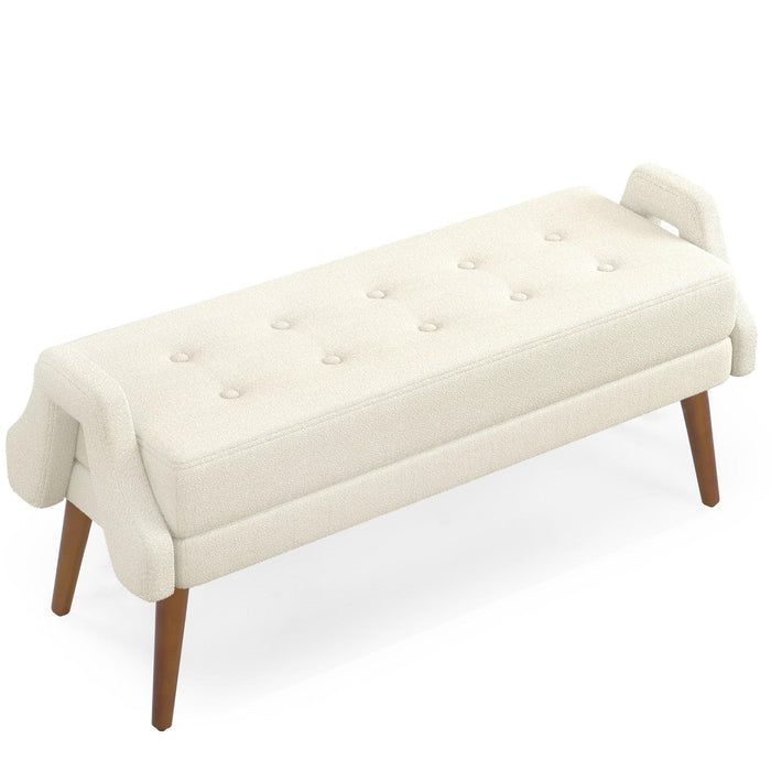 Modern Living Room Bench, made of looped yarn fabric, with soft cushion, irregular geometric armrests, and rubber wooden legs, suitable for living rooms, bedrooms, and entrances--beige