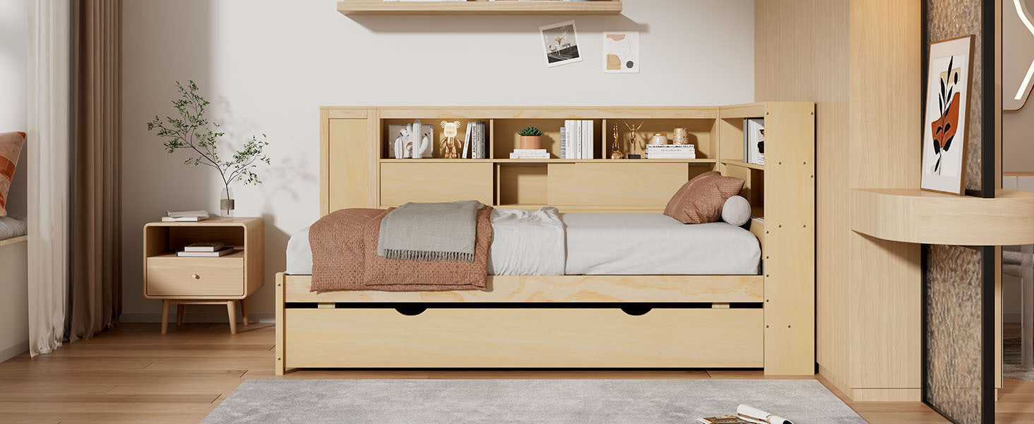 Twin Size Wood Daybed with Storage Shelves, USB and Trundle, Natural - DTYStore