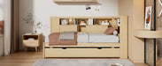 Twin Size Wood Daybed with Storage Shelves, USB and Trundle, Natural - DTYStore