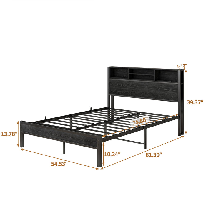 Full Size Bed Frame with Storage Headboard, Metal Platform Bed with Charging Station, Bookcase Storage, No Box Spring Needed, Easy Assembly, Noise-Free, Black - DTYStore
