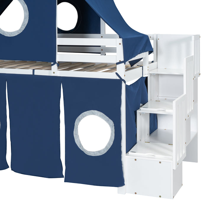 Twin Size Loft Bed with Tent and Tower - Blue - DTYStore