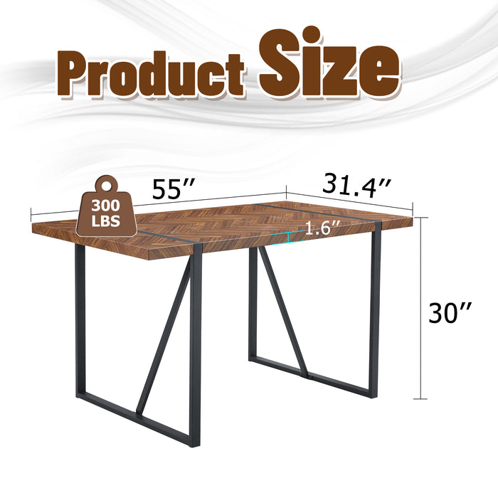 A minimalist retro rectangular dining table with a specially textured top and black metal legs.Contemporary Minimalist MDF Dark Wood Textured Tabletop.Able To Give People A Visual Beauty With Rules. - DTYStore