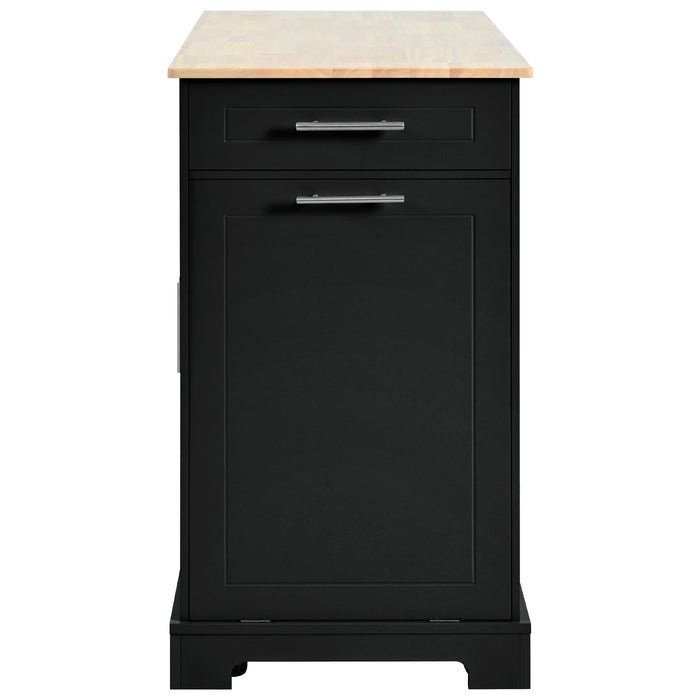 Fluted Kitchen Island with Trash Can Storage Cabinet, Power Outlet, Internal Storage Rack, Rolling Kitchen Islands on 5 Wheels with 3 Drawer, 3 Open Side Racks for 10 Gallon Garbage Bin, Black - DTYStore