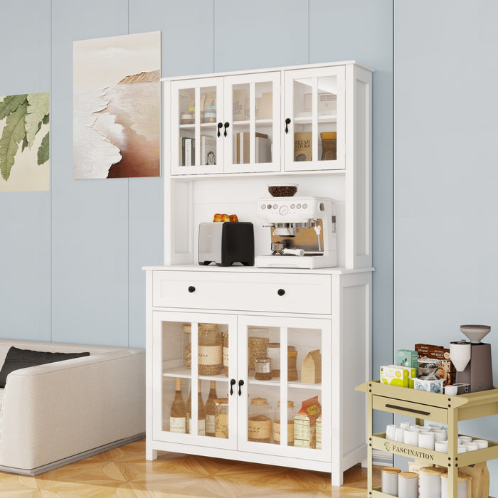 71' Pantry Storage Cabinet with Microwave Oven Countertop, Freestanding Hutch Cabinet with 3 Adjustable Shelves, 5 glass Doors and 1 Large Drawer-White - DTYStore