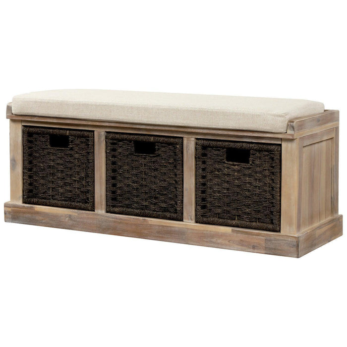 Rustic Storage Bench with 3 Removable Classic Rattan Baskets and Cushion