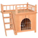 2-Level Wooden Cat House, Outdoor Dog Shelter Cat Condo with Lockable Wire Door and Balcony, Natural Wood