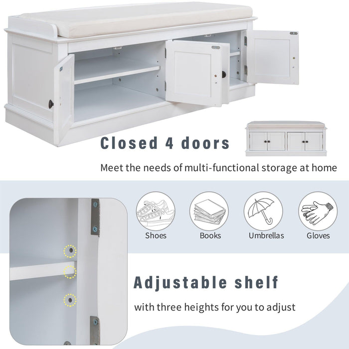 Storage Bench with 4 Doors and Adjustable Shelves, Shoe Bench with Removable Cushion for Living Room, Entryway