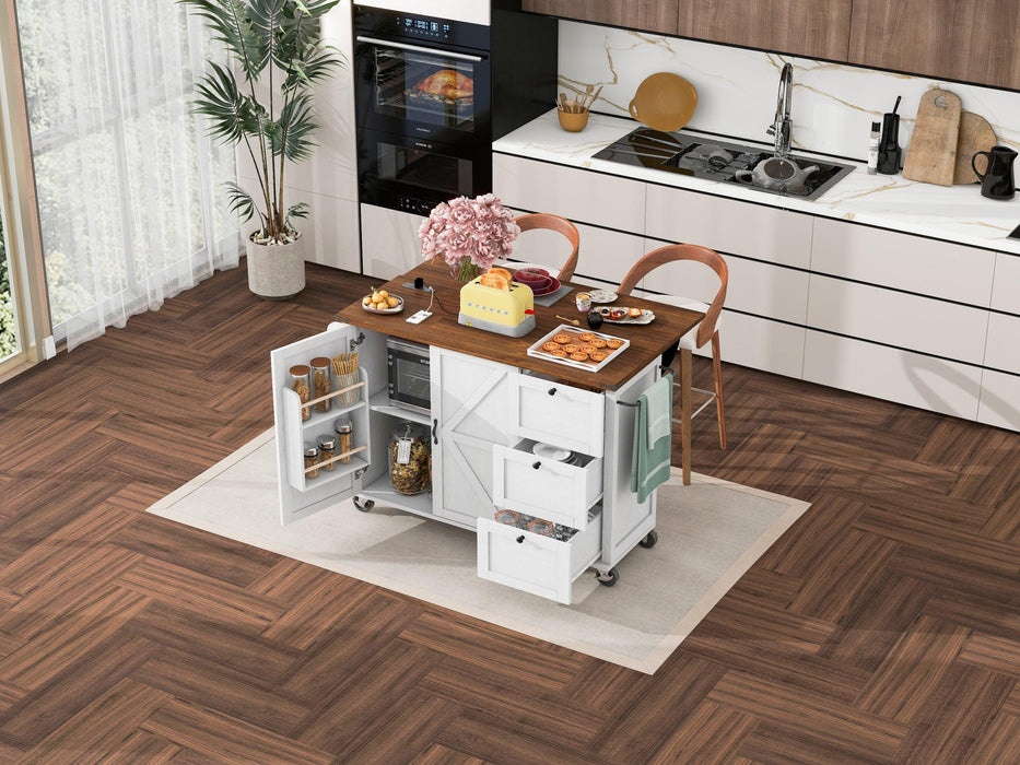 54.5" Farmhouse Kitchen Island with Power Outlet, Kitchen Storage Island with Internal Storage Rack, Drop Leaf, Spice Rack, Rolling Kitchen Cart on Wheels, for Home, Kitchen and Dining Room,White - DTYStore