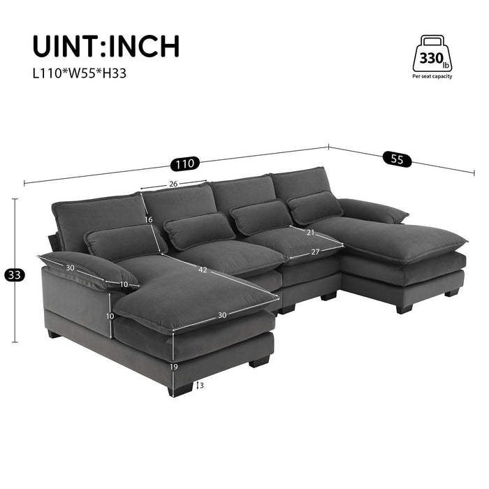 Modern U-shaped Sectional Sofa with Waist Pillows, Sleeper Couch with Chaise Lounge,6-seat Upholstered Symmetrical Sofa