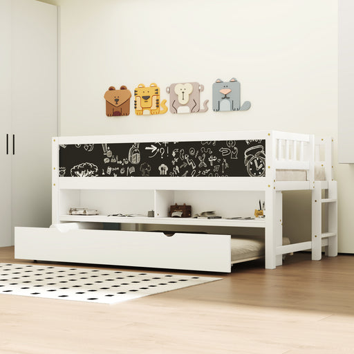 Twin Size Wood Low Loft Bed with Storage Shelves, Blackboard and Trundle, White - DTYStore