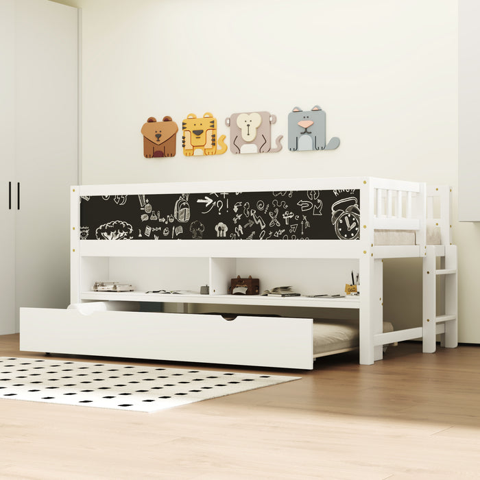 Twin Size Wood Low Loft Bed with Storage Shelves, Blackboard and Trundle, White - DTYStore