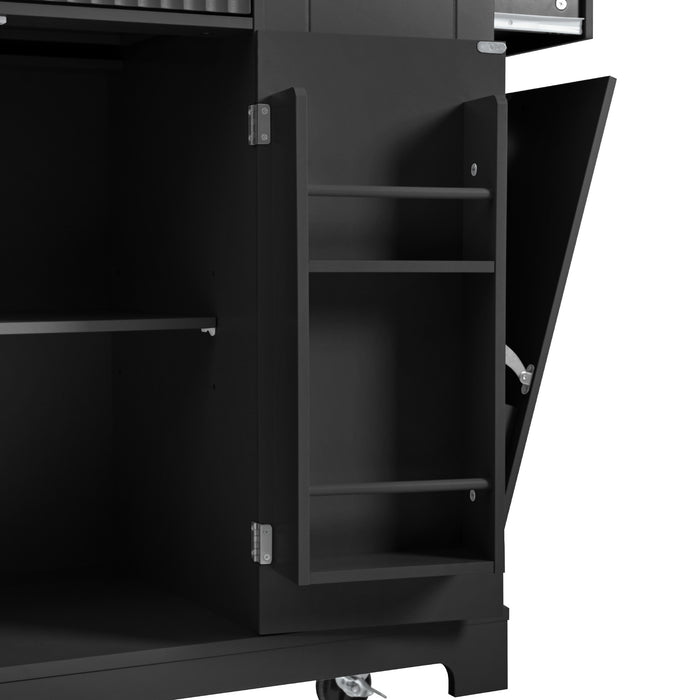 Fluted Kitchen Island with Trash Can Storage Cabinet, Power Outlet, Internal Storage Rack, Rolling Kitchen Islands on 5 Wheels with 3 Drawer, 3 Open Side Racks for 10 Gallon Garbage Bin, Black - DTYStore