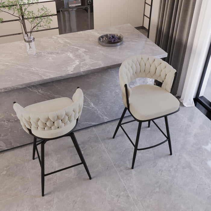 26' Bar Chair Linen Woven Bar Stool Set of 2,Black legs Barstools No Adjustable Kitchen Island Chairs,360 Swivel Bar Stools Upholstered Bar Chair Counter Stool Arm Chairs with Back Footrest (White) - DTYStore