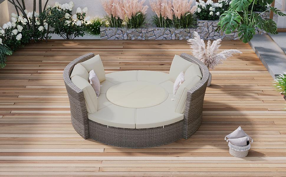 Patio 5-Piece Round Rattan Sectional Sofa Set All-Weather PE Wicker Sunbed Daybed with Liftable Table and Washable Cushions for Outdoor Poolside