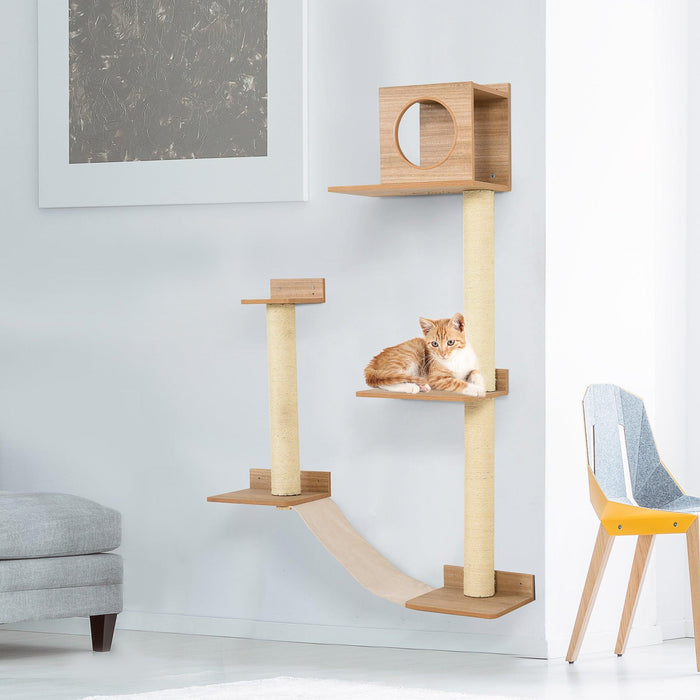 Wall-Mounted Multi-Level Cat Tree Activity Tower with Sisal-Covered Scratching Posts & an Interior Condo Area