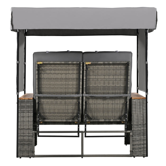 2-Piece Outdoor Rattan Daybed, Outdoor Bed with 5 Positions, Outdoor Loveseat Patio Sofa with Bench Lounge Roof Set and Cushions for Poolside, Backyard and Garden (Grey Wicker + Grey Fabric) - DTYStore