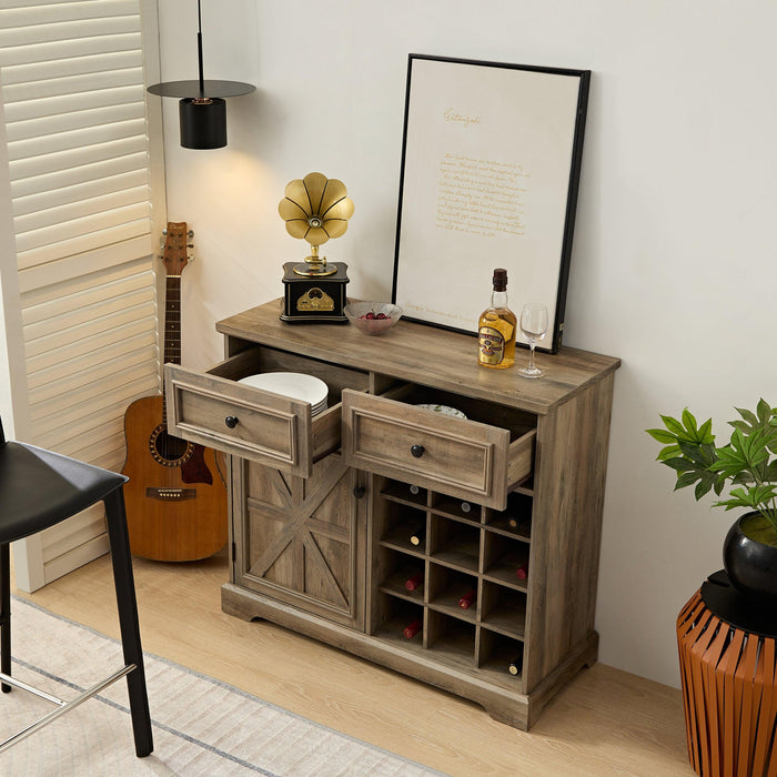 Farmhouse Buffet Cabinet with Storage Sideboard with 2 Drawers, Wine Bar Cabinet with Removable Wine Racks Storage Shelves, Liquor Coffee Bar Cupboard for Kitchen, Dining Room, Gray Wash39.37*15.75*34