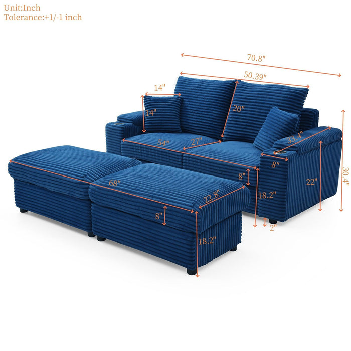 Loveseat with Ottomans,Corduroy Fabric Modular Sectional Sofa,Comfy Deep Plush Couch with Ottomans and Two Pillows,for Small Spaces, Living Room,Bedroom, Office, 5 Colors,Blue