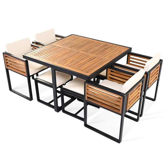 GO 9-Pieces Acacia Wood Patio Dining Set, Space Saving Outdoor Patio Set, 4 Cushioned Chairs & 4 Ottomans & 1 Square Table, for Backyard, Garden, Deck and Poolside, Beige - DTYStore