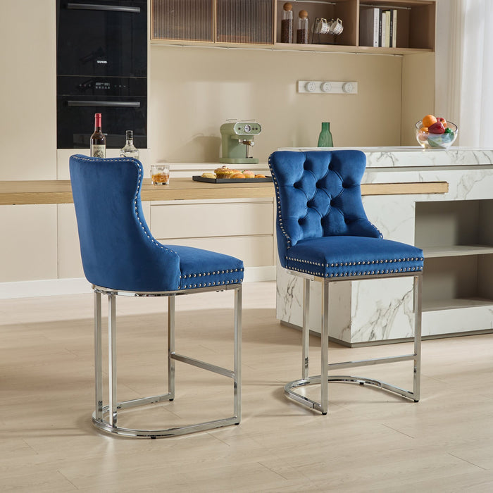 25' Counter Height Bar Stools Set of 2, Modern Velvet Barstools with Button Back&Rivet Trim Upholstered Kitchen Island Chairs with Sturdy Chromed Metal Base Legs Farmhouse Bar Stools, (Blue,2 Pack) - DTYStore