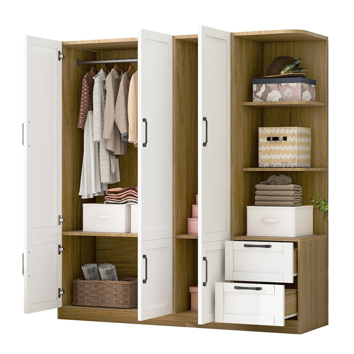 3 Door Wooden Storage Wardrobe for Dedroom with Shelves and 2 Drawers, Side Storage Shelves,White - DTYStore