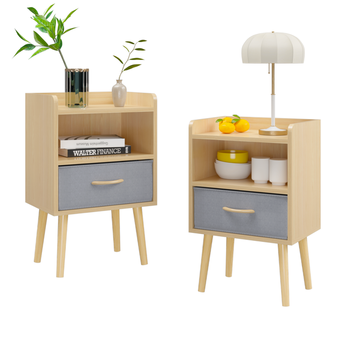 2PC Nightstand With Collapsible Fabric Drawer, 2-Tier Storage End Table, Wood Side Table with Storage Cabinet for Bedroom, Living Room - Oak - DTYStore