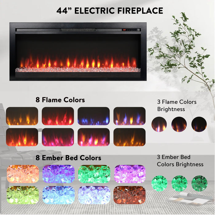 44 inch in wall recessed electric fireplace with remote and multi color flame & emberbed, LED light heater - DTYStore