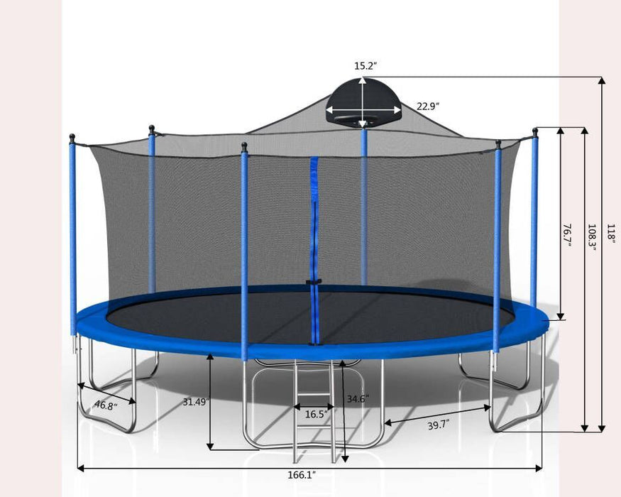 14FT Trampoline for Adults & Kids with Basketball Hoop, Outdoor Trampolines w/Ladder and Safety Enclosure Net for Kids and Adults,Double-side Color cover - DTYStore
