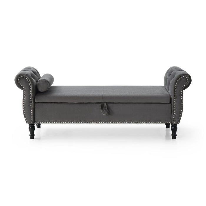 63" Velvet Multifunctional Storage Rectangular Sofa Stool Buttons Tufted Nailhead Trimmed Solid Wood Legs with 1 Pillow,Grey