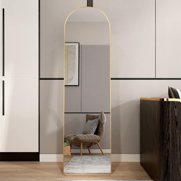 The 1st Generation of Floor Mounted Full Length Mirrors. Aluminum alloy metal frame arched wall mirror, bathroom makeup mirror, bedroom porch, wall mounted. Gold 60 "* 16.5"