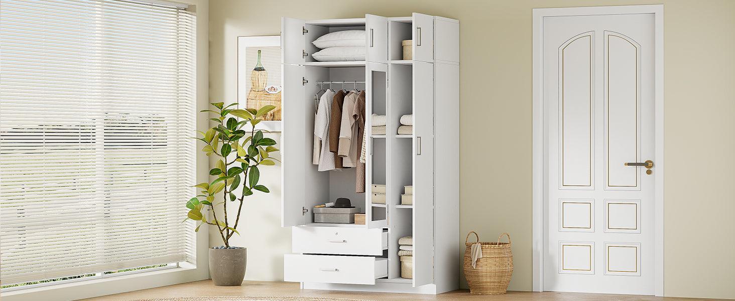 3-Door Mirror Wardrobe with 2 Drawers and Top Cabinet