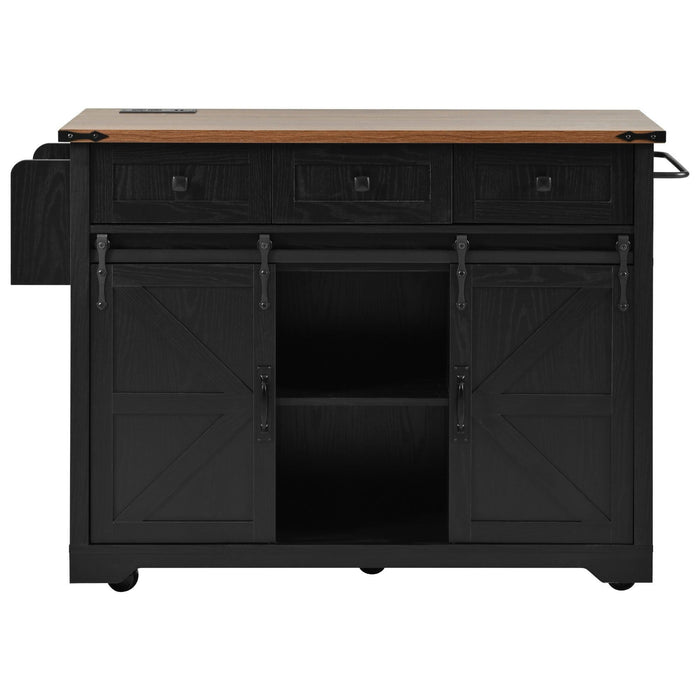 K&K 53.7" Farmhouse Kitchen Island with Power Outlet, 2 Sliding Barn Door Kitchen Storage Island with Drop Leaf, Spice Rack Rolling Kitchen Cart on Wheels, for Home, Kitchen and Dining Room, Black