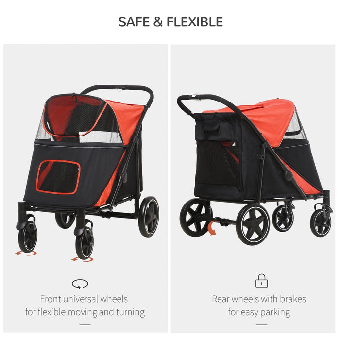 One-Click Foldable Doggy Stroller for Medium Large Dogs, Pet Stroller with Storage, Smooth Ride with Shock Absorption, Mesh Window, Safety Leash, Big Dog Walking Stroller, Red - DTYStore