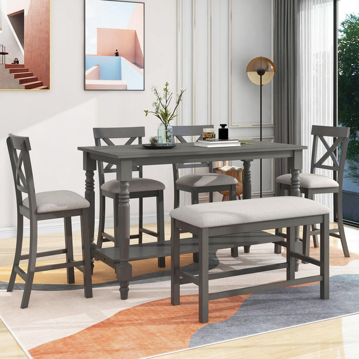 6-Piece Counter Height Dining Table Set with Shelf, 4 Chairs and Bench for Dining Room