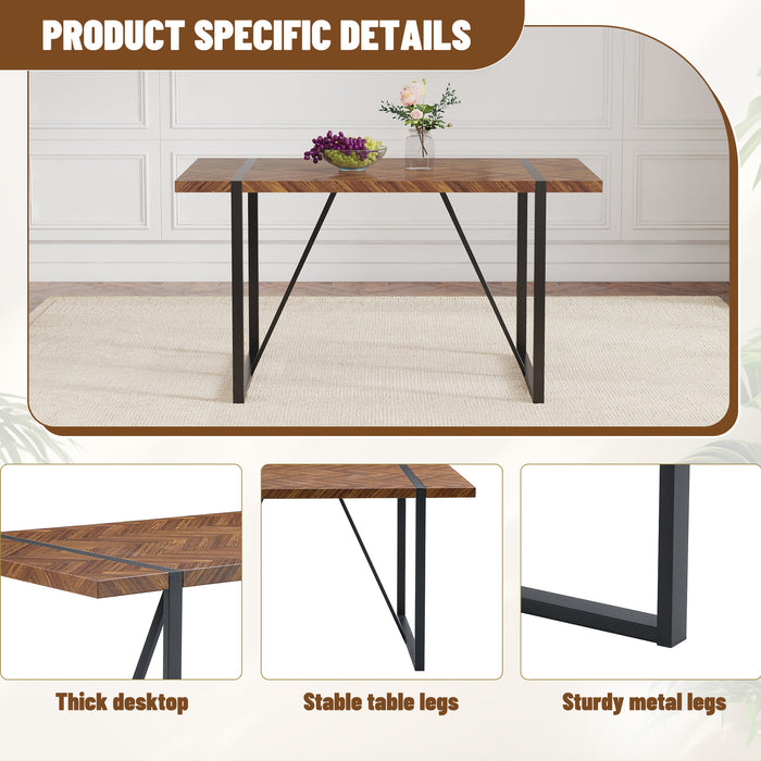 A minimalist retro rectangular dining table with a specially textured top and black metal legs.Contemporary Minimalist MDF Dark Wood Textured Tabletop.Able To Give People A Visual Beauty With Rules. - DTYStore