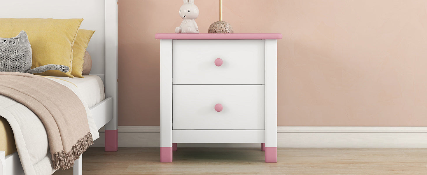 Wooden Nightstand with Two Drawers for Kids,End Table for Bedroom,White+Pink(Old SKU: WF297965AAH) - DTYStore