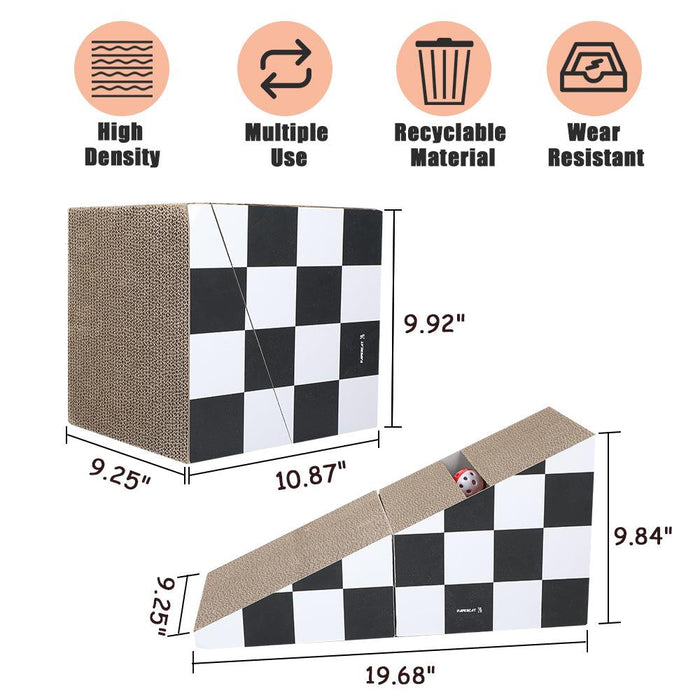 Cat Scratching Board with Ball, Triangle Cat Scratching Cardboard, Multiple Scratching Angles, 2-in-1 Scratching Lounge Bed, Recyclable and Durable, Furniture Protector, Black and White - DTYStore