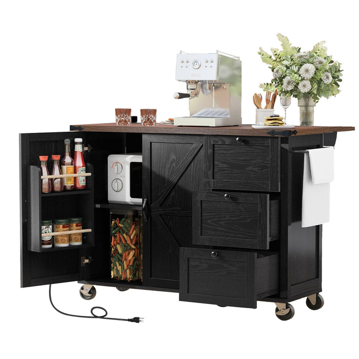 K&K 54.5" Farmhouse Kitchen Island with Power Outlet, Kitchen Storage Island with Internal Storage Rack, Drop Leaf, Spice Rack, Rolling Kitchen Cart on Wheels, for Home, Kitchen and Dining Room,Black