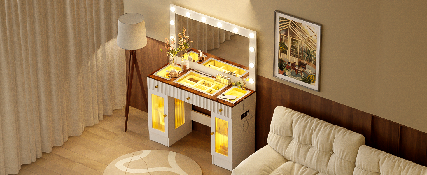 43.3' Vanity Desk with Large Mirror and Hollywood Bulbs, Modern Glass Top Makeup Vanity with Drawers and Power Outlet, Large Dressing Table with 3 Color Lighting Modes & RGB Cabinets for Bedroom - DTYStore