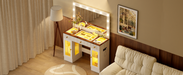 43.3' Vanity Desk with Large Mirror and Hollywood Bulbs, Modern Glass Top Makeup Vanity with Drawers and Power Outlet, Large Dressing Table with 3 Color Lighting Modes & RGB Cabinets for Bedroom - DTYStore