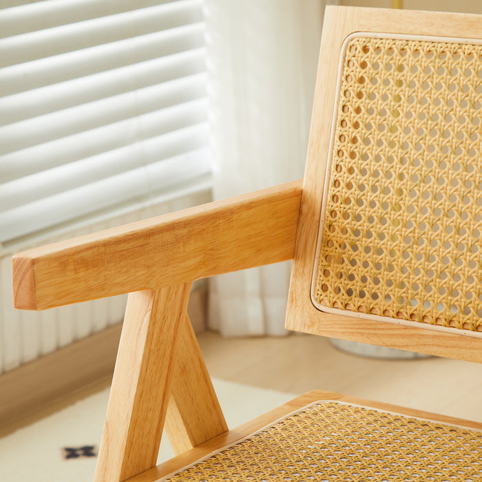 2 dining chairs, natural color, rubber wood rattan weaving technology, armrest solid wood dining chair, living room chair, simple and natural - DTYStore